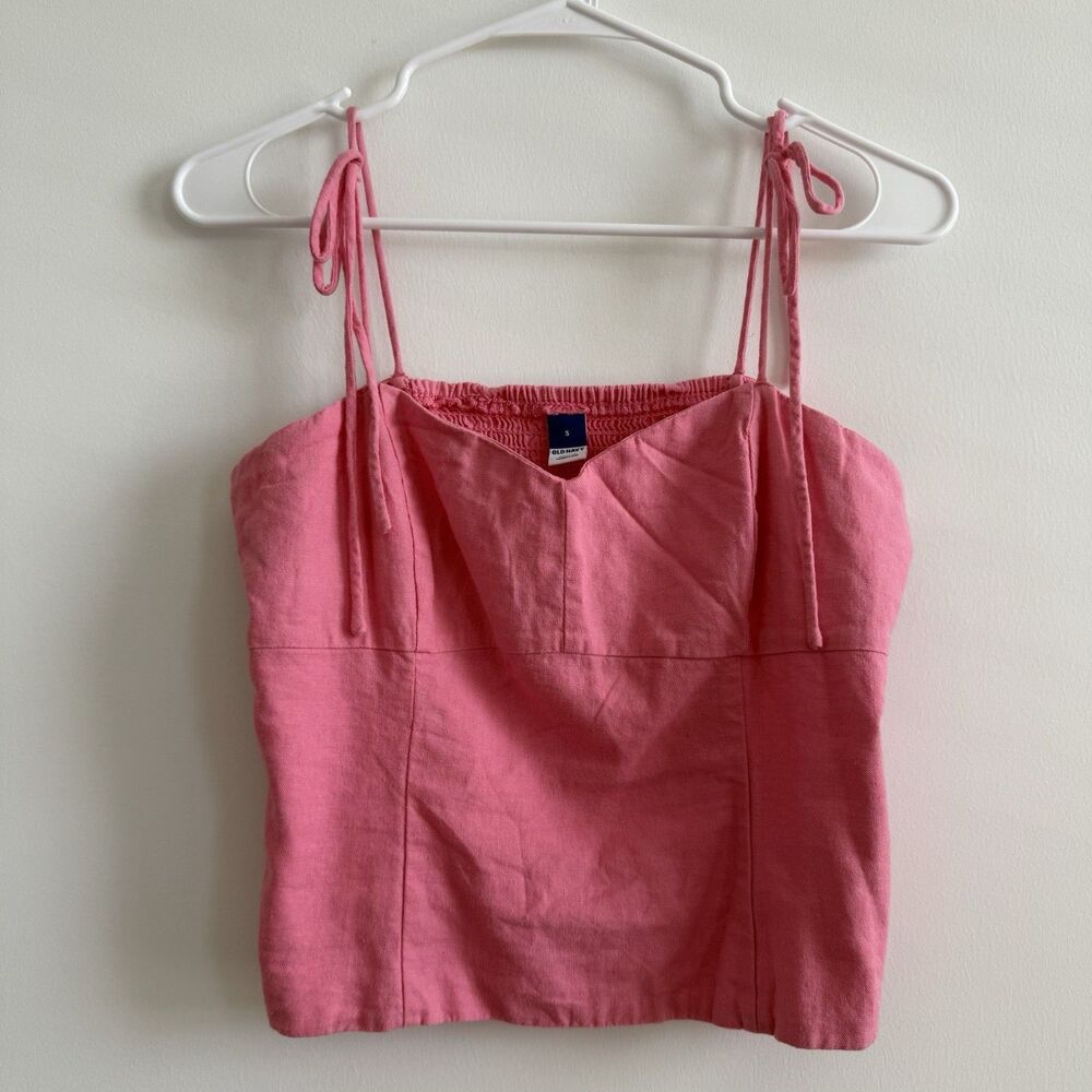 Old Navy Pink Linen Blend Tie Shoulder Cropped Cami Top Coquette Babydoll Small